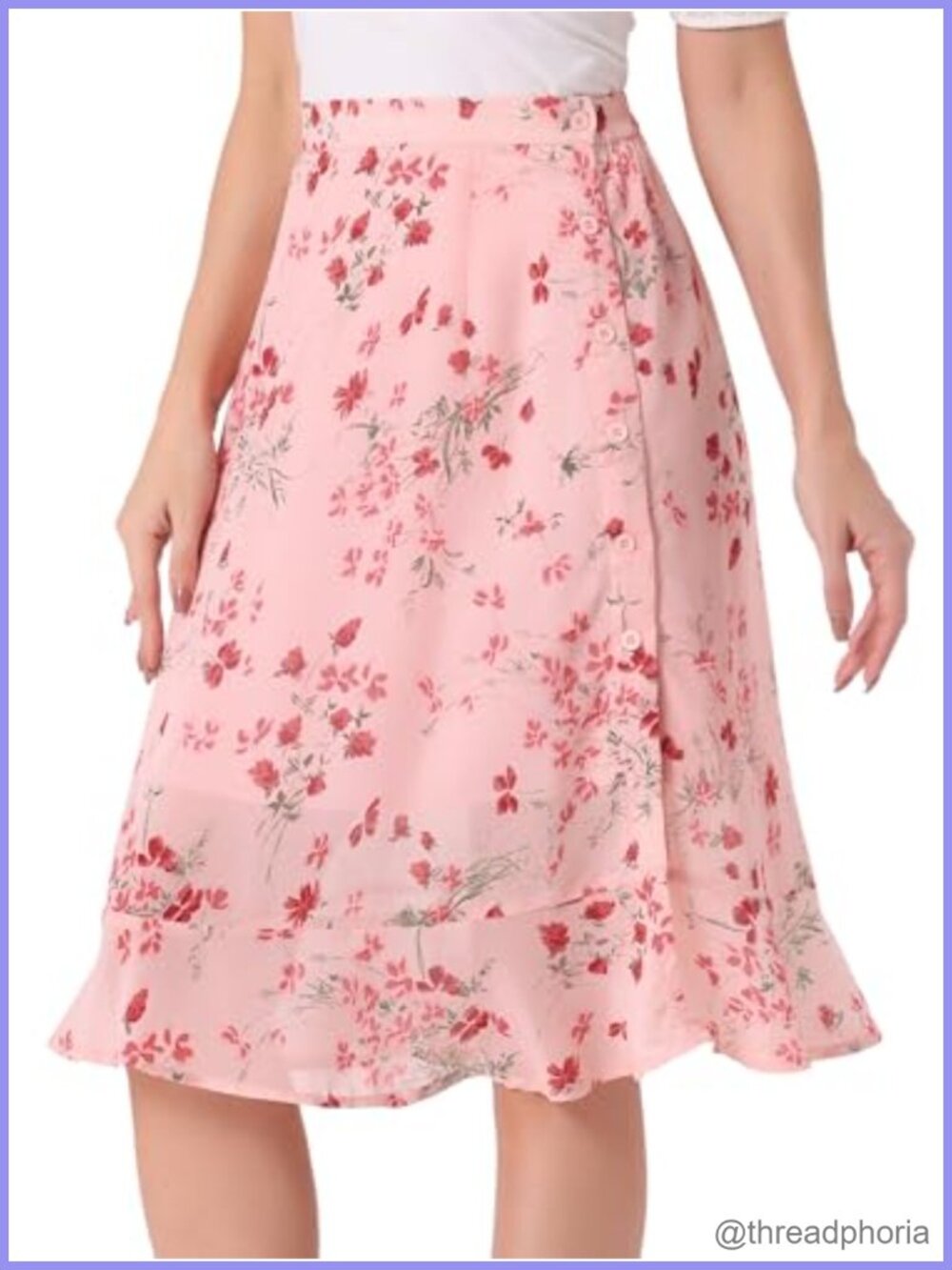 Floral Midi Skirt Ruffle High Waist A-Line Split